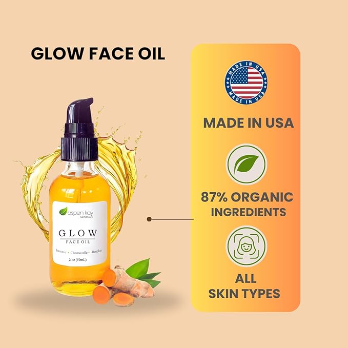 Aspen Kay Naturals Glow - Turmeric & Rosehip Face Oil, Natural & Organic Face Moisturizer with Turmeric, Camellia, Sea Buckthorn and Chamomile - Facial Serum - 2 oz