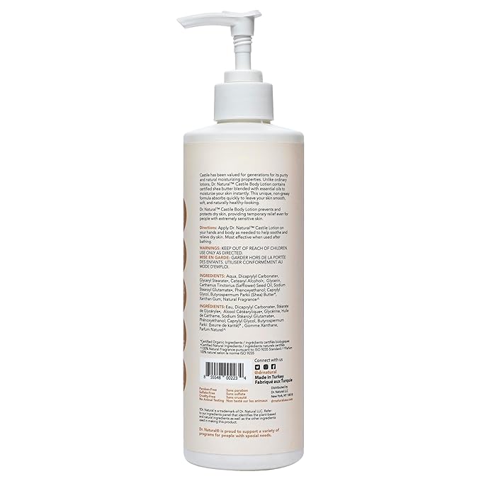 Dr. Natural Castile Body Lotion - Non-Greasy Shea Butter Body Cream - Gentle and Soothing Lotion for Women and Men - Shea Butter and Vanilla - 16 oz