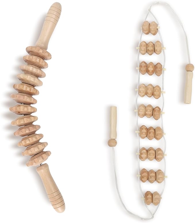 Wood Therapy Massage Tools, Lymphatic Drainage Curved Roller Stick, Neck Massager, Foam Roller, Back Scratcher, Rope Massage Kit, Back Massager for Relaxation