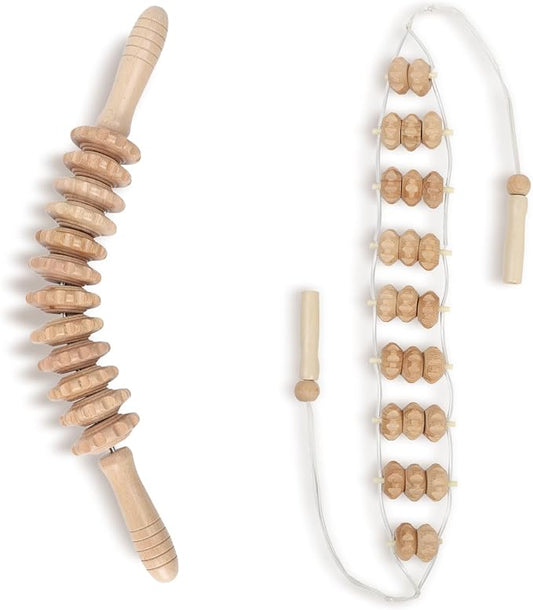 Wood Therapy Massage Tools, Lymphatic Drainage Curved Roller Stick, Neck Massager, Foam Roller, Back Scratcher, Rope Massage Kit, Back Massager for Relaxation