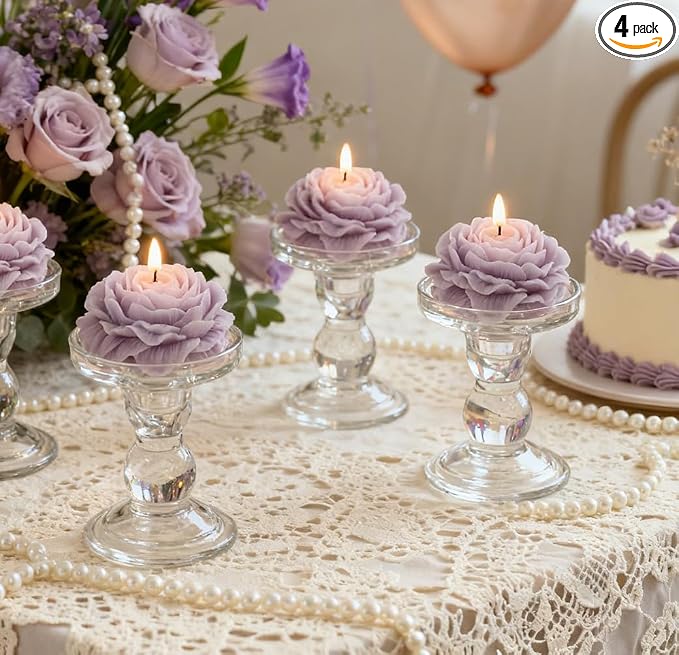 4 Pack Peony Flower Shaped Decorative Scented Candles, Floral Aromatherapy Decor for Wedding Bridal Shower, Dessert & Flower Cake Table, Birthday Gifts for Women Mom Wife (Purple)