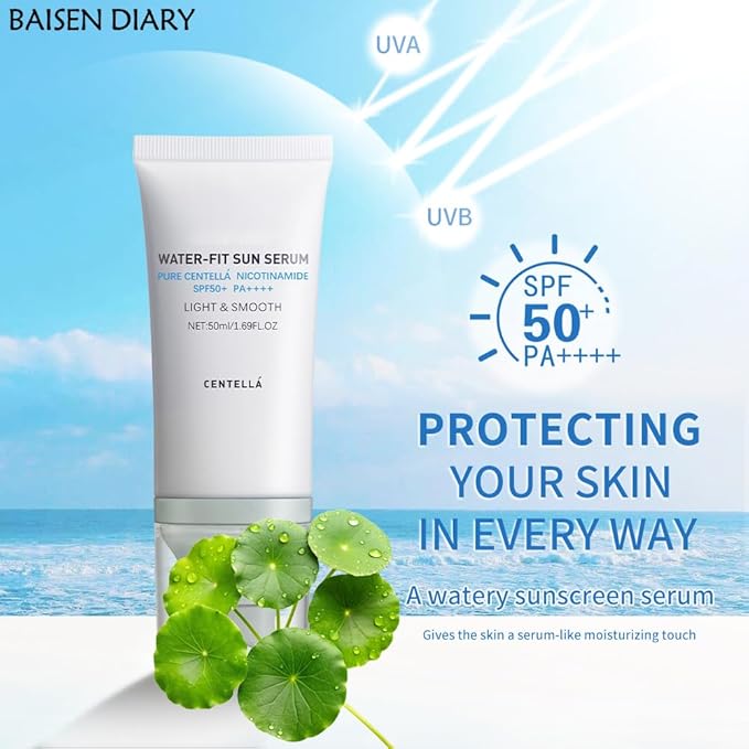 Centella Sunscreen SPF 50 PA++++, Hyalu Cica Water-Fit Sun Serum, Lightweight Sunscreen with Centella Asiatica, Hydrating & Non-Greasy Sun Protection for Sensitive Skin