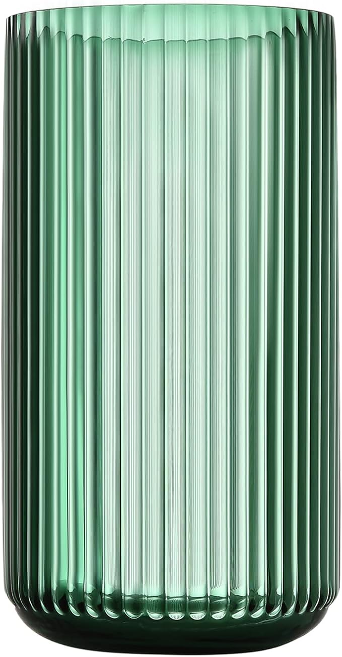 Large Cylinder Ribbed Green Glass Flower Vase for Farmhouse Dining Table Centerpieces Decor