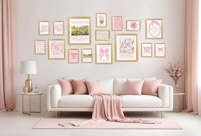 ANERZA 16 PCS Christian Coquette Wall Art Decor, Pink Bow Bible Verses Gallery Wall Prints for Bedroom Nursery, Jesus Posters for Living Room Aesthetic, Scripture Preppy Dorm Collage Kit for Girls Kids