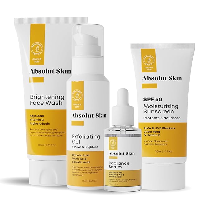 AbsolutSkin Balance Bundle – 4-Step Skincare Routine for Radiant, Even Skin – Includes Face Wash, Exfoliator Gel, Radiance Serum & SPF50 Sunscreen – Brightening Essentials Kit