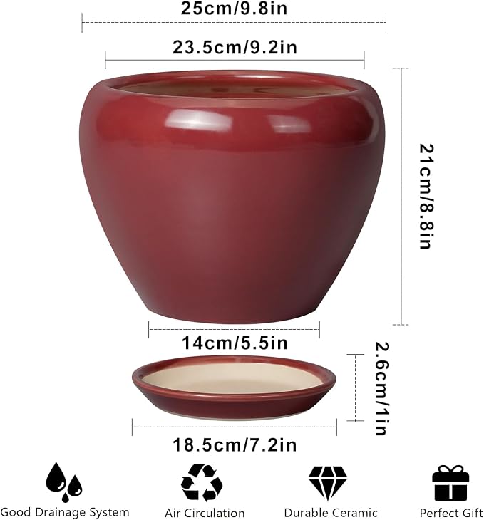 Ceramicfor 10 Inch Plant Pot - Ceramic Planter Pot with Drainage Hole and Saucer Large Planter for Indoor Plants Round Outdoor Flower Pot Mid-Century Decor Red