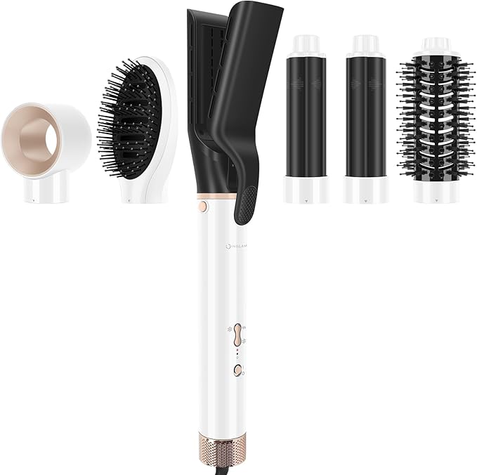 6-in-1 Hair Dryer Brush, 110,000 RPM High Speed Hair Dryer with Air Straightener, 28mm AUTO Curlers, IG INGLAM MegaAIR 2.0 Multi-Styler Set Volumizing and Shape, White