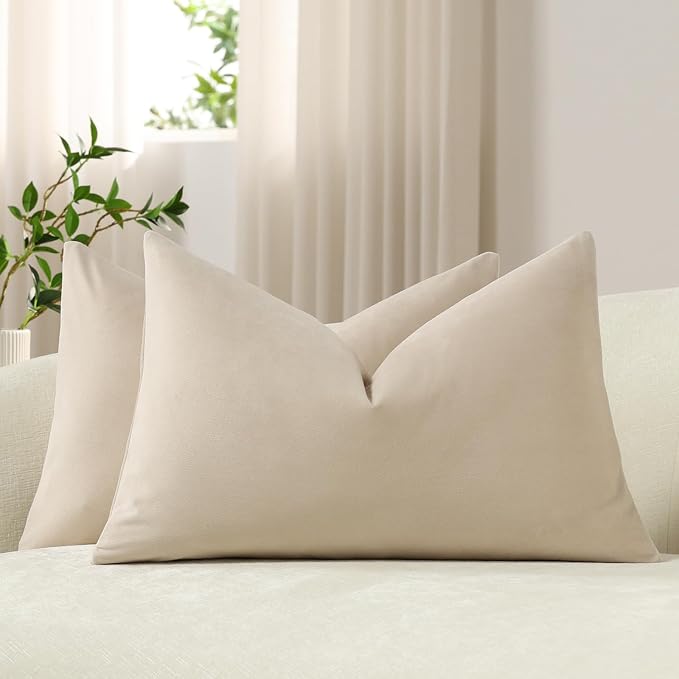 Lumbar Pillow Covers 12x20 Beige: Pack of 2 Cozy Soft Velvet Rectangular Modern Luxury Decorative Throw Pillow Cases for Sofa Couch Living Room Bed Home Decor