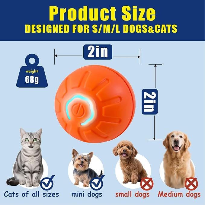 BIONEMAGILI Interactive Self-Moving Pet Toy Ball - Motion-Activated Auto Rolling, Military-Grade Chew Resistant, USB-C Rechargeable for Small Dogs & Cats (Orange/S/New3)