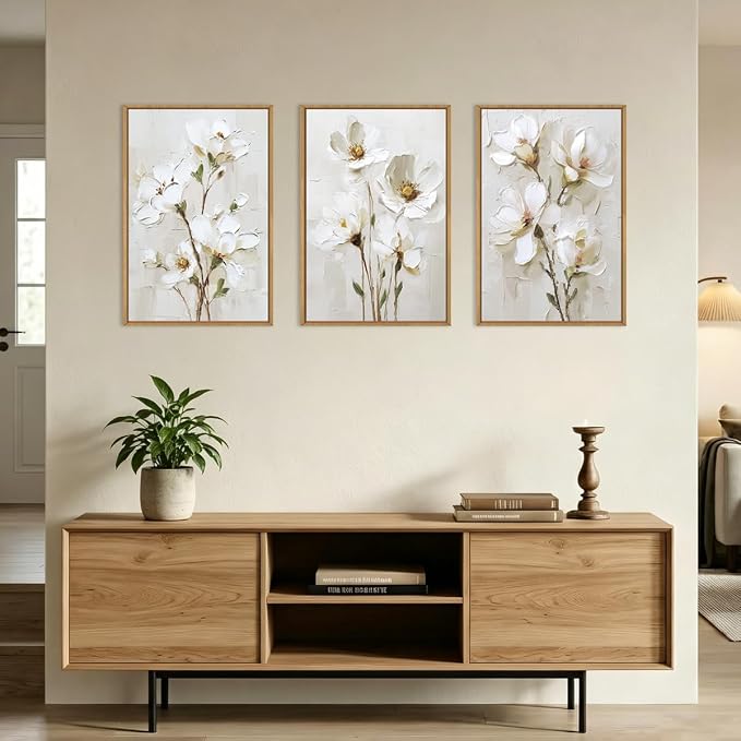 FWIEXA 3D Beige White Floral Canvas Wall Art,Neutral Flower Framed Wall Art Texture,Modern Abstract Botanical Paintings,16x24In Watercolor Minimalist Wildflower Artwork Magnolia Painting for Living Room,Bedroom,Office