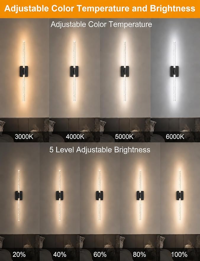 Crystal Bubble Rechargeable Wall Sconces Set of 2, Wireless Modern Lights | 10000mAh, Remote Control, 3000K-6000K Dimmable, 360° Adjustable, Ambient Lighting for Living Room, Bedroom, Picture, Bathroom