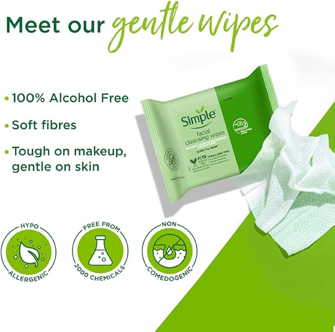 Simple Kind to Skin Cleansing Facial Wipes, 25 Count (Pack of 6)