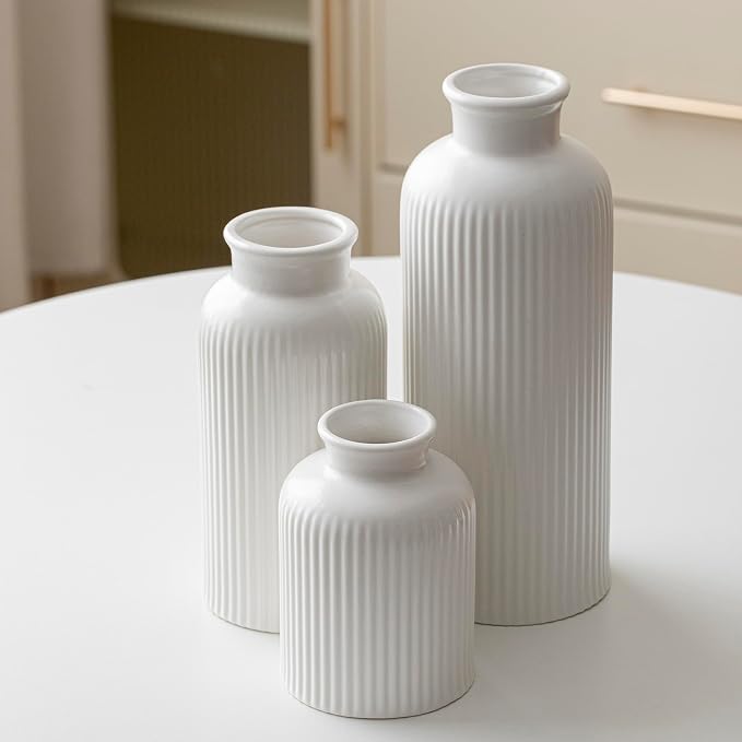 Large Modern Ceramic Vase Set, White Ribbed Matte Design, 10 Inch Tall, 4 Inch Width, 3-Piece Decorative Vases for Home, Living Room, Office (XL Matte Glaze White)