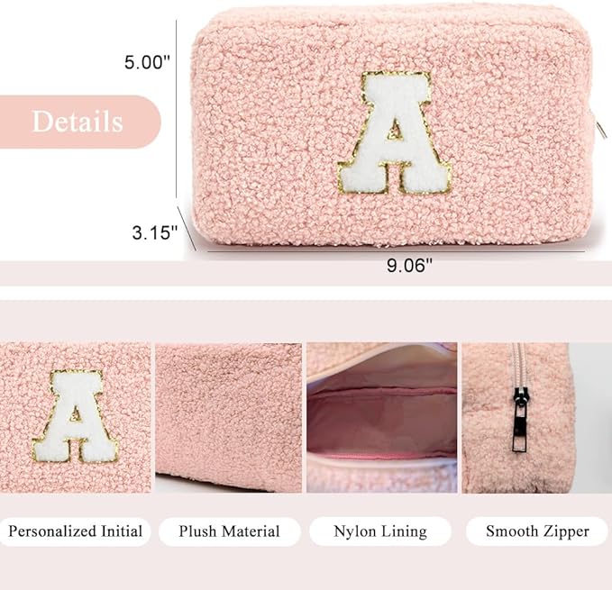 Cute Makeup Bag, Initial Cosmetic Bag, Fuzzy Makeup Bags for Women, Preppy Pink Makeup Pouch with Chenille Letter, Personalized Gifts for Women, Pink H