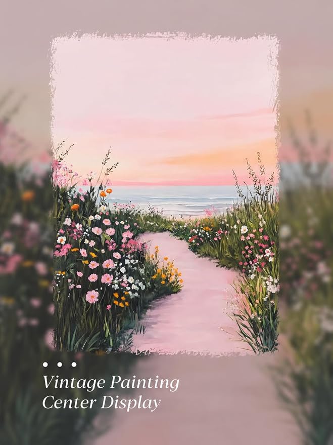 Gold Framed Wall Art, Pink Coastal Seascape Canvas Prints, Pink Sky Beach Wildflower Landscape Picture Wall Decor, Dreamy Beachy Aesthetic Artwork for Living Room Bedroom 9x11 inch