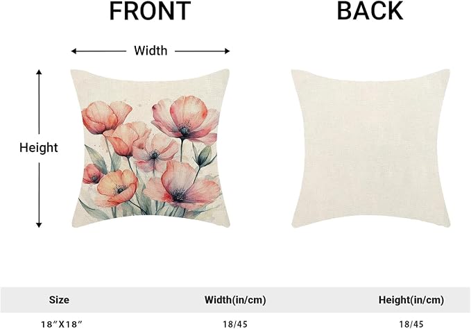 Spring Pillow Covers 18x18 Set of 2 Watercolor Orange Pink Floral Throw Pillow Cover Decoration Summer Seasonal Vintage Flower Farmhouse Decorative Cushion Cover for Home Sofa Outdoor Decor