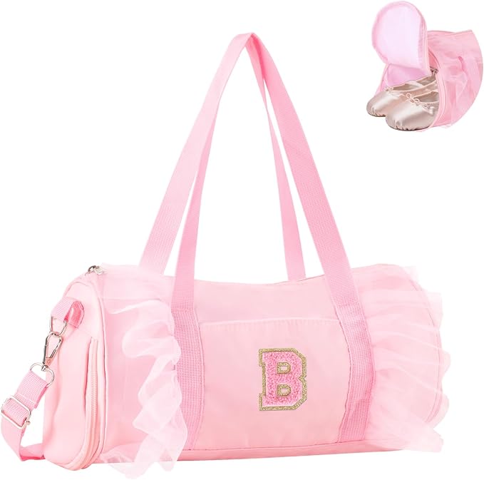Personalized Initial Dance Bag for Girls 6-9, Medium Lace Gym Sport Yoga Cheer Dance Bags Gift for Teen Girls, Cute Letter Kids Ballet Bag Toddler Travel Duffel Tote with Adjustable Straps(Pink-B)