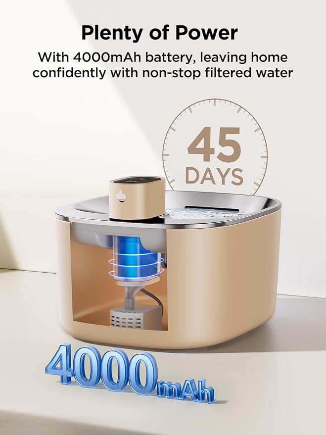 FEELNEEDY Cat Water Fountain Battery Operated, 4L/135 fl oz Pet Water Fountain for Cats and Dog with Motion Sensor, Ultra Quiet Cat Drinking Fountain with 2 Filters (Beige YPD-C004P)