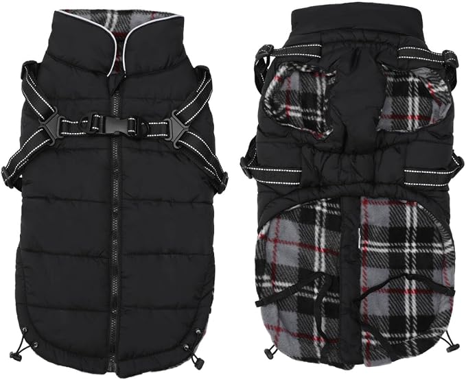 Geyecete Winter Warm Coat Waterproof Dog Jacket with Harness Traction Belt, Pet Outdoor Jacket - Black, XXL