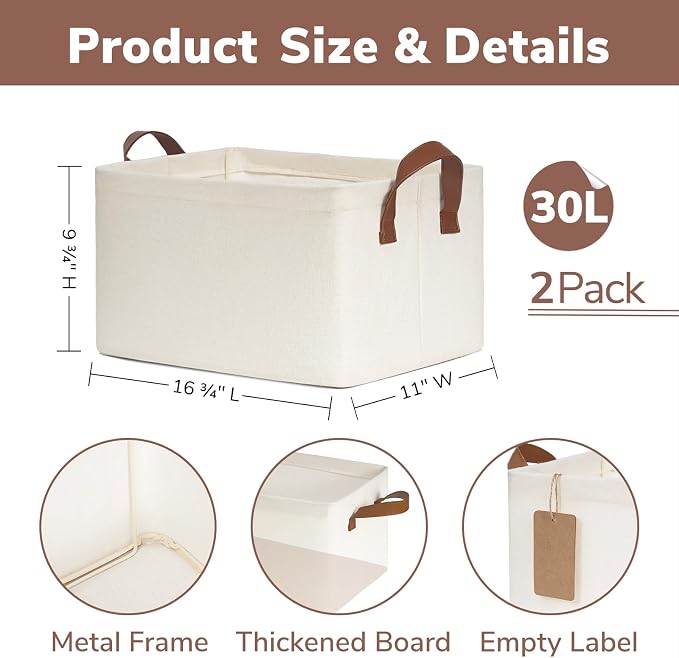 CHICVITA 30L Large Fabric Closet Bins for Shelves, 2Pack, Beige | 16 ¾" L x 11" W x 9 ¾" H Storage Baskets for Clothes & Toys, Bedroom & Living Room Organization, Metal Frame, Collapsible