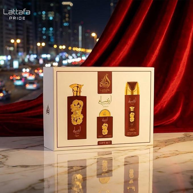 Lattafa Pride - Ansaam Gold for Men - 3 Pc Gift Set 3.4oz EDP Spray, 6.67oz Perfumed Body Spray, 0.67oz EDP Spray
