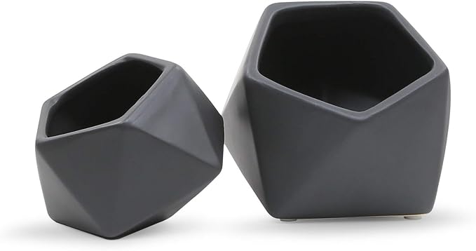WGV Geometric Ceramic Vase, 4.2"x3.3"H, 5"x4.3"H, Matte Black Tilted Pot, DIY Folded Planter Bowl for Wedding Event Office Home Decor, Set of 2 Vases