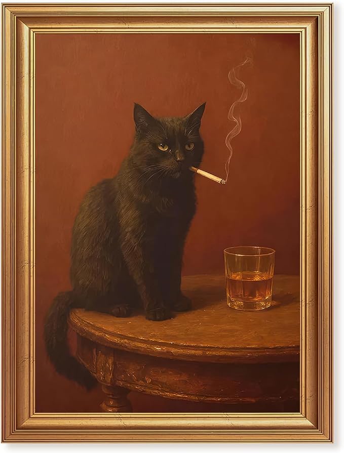 ICHZUMW Gold Framed Funny Black Cat Whiskey Vintage Canvas Wall Art 12x16In | Funny Cat Smoking Cigarette Picture, Quirky Animal Bar Wall decor, Bathroom Man Cave Bedroom, Fade Resistant, Ready to Hang