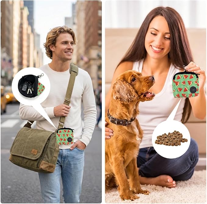 Pet Treat Pouch 5.12 x 4.72 Inch Treat Pouch for Dog Training Watermelons Pattern Polyester Portable Snack Reward Dog Food Dispensers with 1 Roll Garbage Bags for Traveling Outdoor Use
