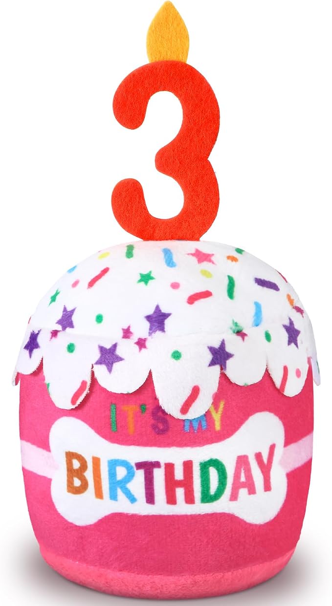 Dansydaisy Dog Birthday Cake Toy Squeaky Plush Gift,3rd,Pink