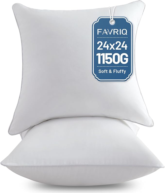 FAVRIQ 24 x 24 Pillow Inserts - 24 Inch Decorative Square Sofa Throw Pillow with 100% Cotton Cover - White Pack of 2
