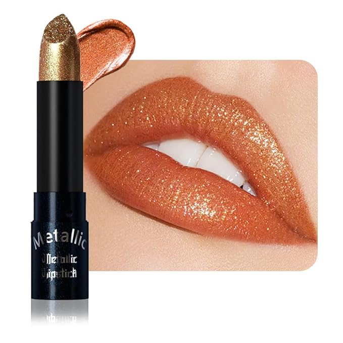 Bronze Brown Metallic Lipstick for Women,Lightweight Non-Drying Shimmer Frosted Lipsticks,Glitter Lip Gloss Stain Long Lasting Waterproof No Smudge Proof No Transfer 12 Hour,Cruelty-Free Makeup