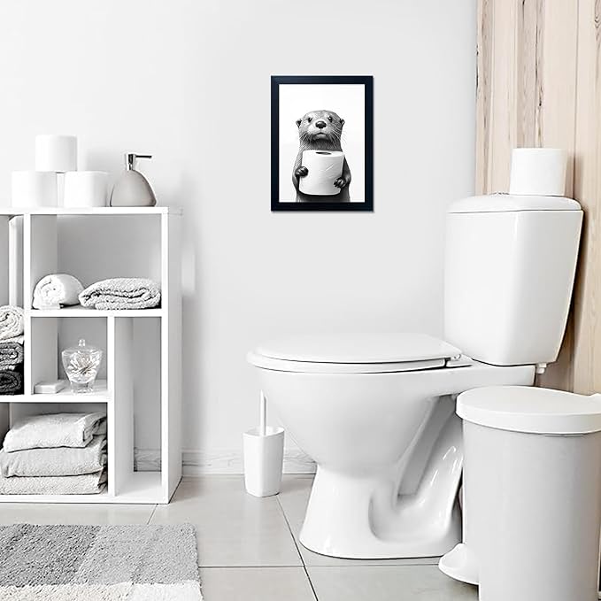 Framed Animal Bathroom Wall Art, Funny Bathroom Wall Decor, Toilet Paper in Raccoon's Hand, Black and White Canvas Print Picture Artwork for Hme