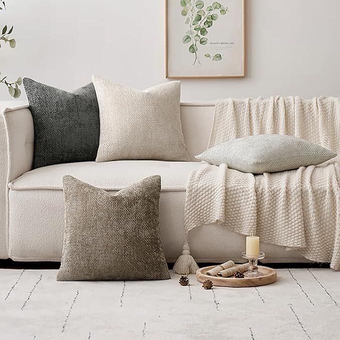 MIULEE Soft Decorative Chenille Pillow Covers Neutral 18x18 Pack of 4 | Mid Century Modern Decor, Cream to Charcoal Set, Couch Throw Pillows, Farmhouse Boho Cushion Covers for Sofa Bed Living Room
