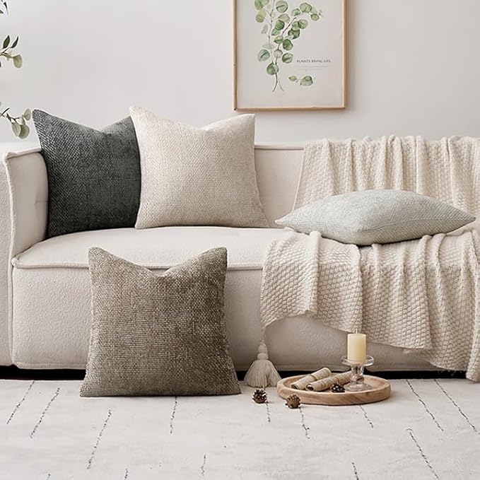 MIULEE Soft Decorative Chenille Pillow Covers Neutral 20x20 Pack of 4 | Mid Century Modern Decor, Cream to Charcoal Set, Couch Throw Pillows, Farmhouse Boho Cushion Covers for Sofa Bed Living Room