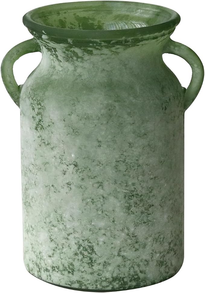 SHMILMH Glass Flower Vase with Handle – 8 Inches Rustic Imitation Ceramic Vase for Flowers, Vintage White Green Centerpiece Decor for Farmhouse, Modern Home, Table & Holiday Decorations