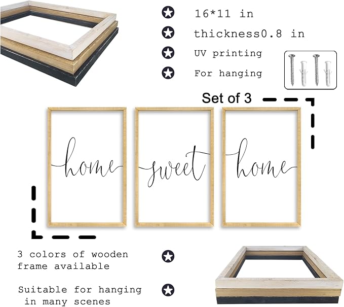RLWangChao Home Sweet Home Sign Set of 3 Wall Art Decor 16"X11" Wood | Vintage, Bedroom Above Bed, Minimalist Modern Living Room, Wooden Framed, Warm And Cozy Family Wall Hanging
