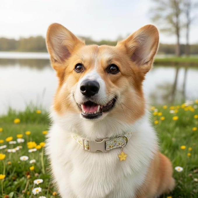 Dog Collar, Unique Floral Dog Collar Girl, Spring Summer Design Pet Collar with Cute Charm, Quick Release Buckle and Durable Fabric, Suitable for Small, Medium and Large Dogs
