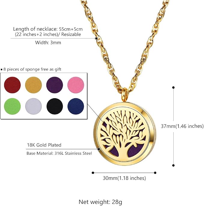 PROSTEEL Tree of Life Locket Essential Oil Diffuser Perfume Necklace Aromatherapy Necklace,Women Jewelry,18K Real Gold Plated,Valentine Christmas Gift