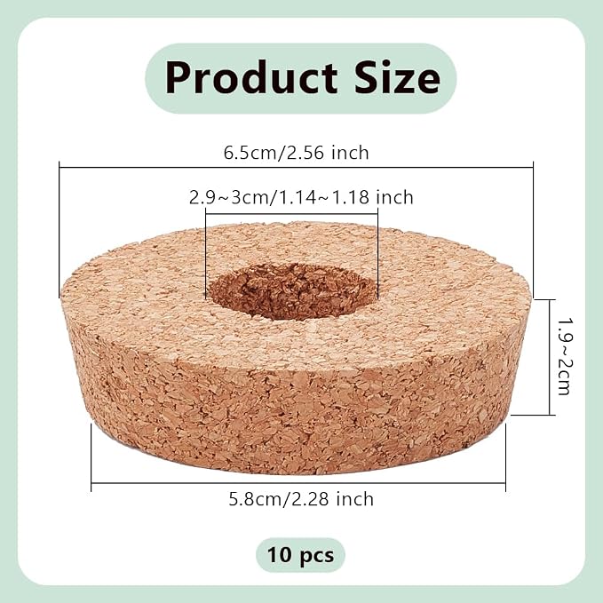OLYCRAFT 10Pcs Cork Lids with Center Hole 2.3-2.5 Inch Plant Corks | 1.2 Inch Hole Cork Stoppers for Glass Planter, Vase Lids Cork Replacement for Hydroponics Plant Growing Vases - 0.8 In Thick