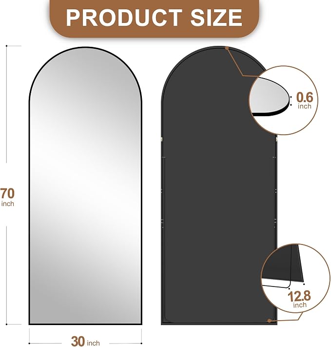 Arched Full Length Mirror with Stand, 70x30 Black Floor Mirror | Aluminium alloy frame with HD float glass for distortion-free reflection. Free standing or wall mounted.
