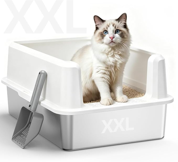 WoofiGo XXL Stainless Steel Cat Litter Box, High Sided Open Top Litter Pan | Anti-Urine Leakage Design, Spacious Interior for Big Cats, Non-Stick, Odor Resistant, Easy Clean, Scoop Included (White)