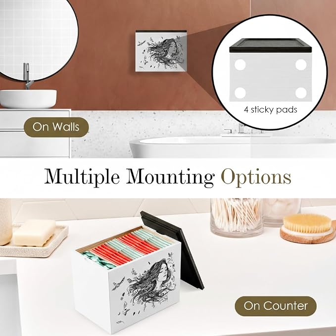 HOTCAN Discreet Wooden Tampon Holder for Bathroom with Built-In Vanity Lid | Feminine Pads Dispenser Organizer for Bathroom Countertop | Compact and Elegant Design | Multiple Mounting Options(Striped)