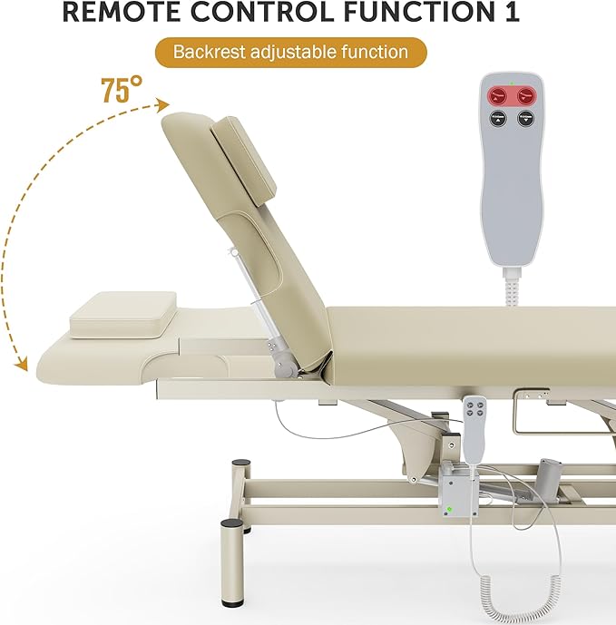 Dolonm 2 Motors Electric Massage Table, Hydraulic Electric Lift Adjustable Backrest and Height Lifting for Treatment, Physical Therapy, Spinal Massage, Facial Spa, Waxing, Tattooing - Beige Gray