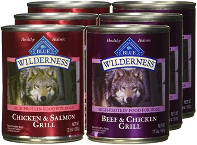 Blue Buffalo Wilderness High Protein Beef and Chicken & Salmon and Chicken Wet Dog Food Variety Pack for Adult Dogs,Grain-Free,12.5 oz Cans,(Pack of 12)