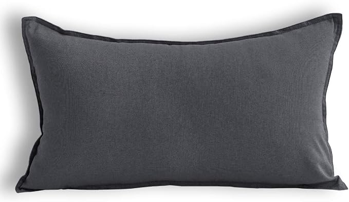 Jeanerlor Natural Cotton Linen Square Decorative Throw Pillow Case Dark Grey Cushion Cover with Twin Needles Stitch on Edge for Lumbar, 12"x20"(30 x 50cm), Dark Grey