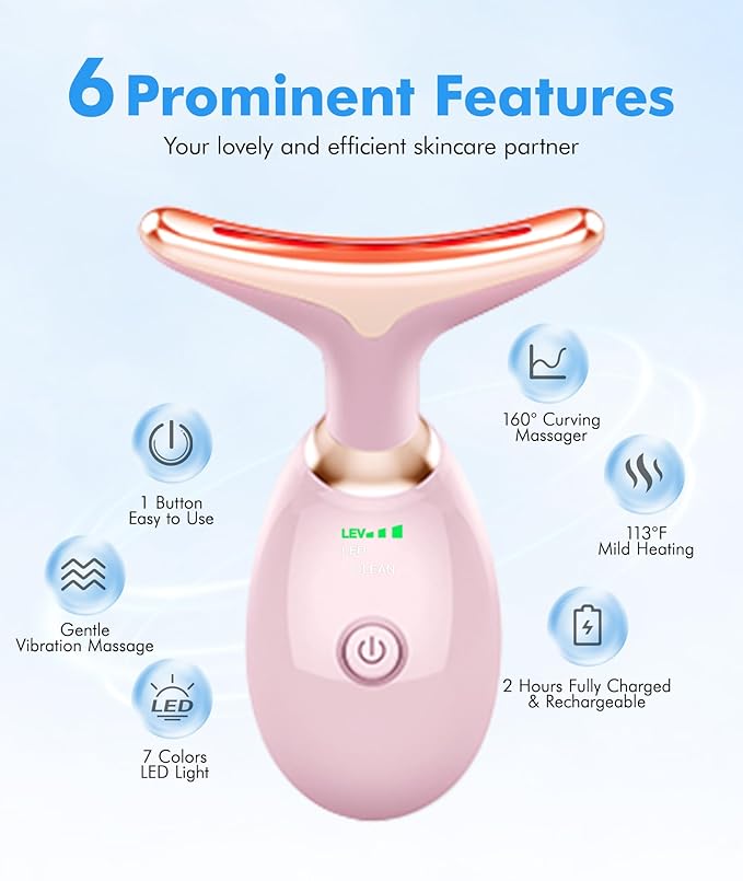 SDKWDH Red-Light-Therapy-for-Face-and-Neck, 7 Color Face Massager Tool for Wrinkles, Double Chin, Vibrating Facial Massager with Thermals for Skin Care, Glossy Pink