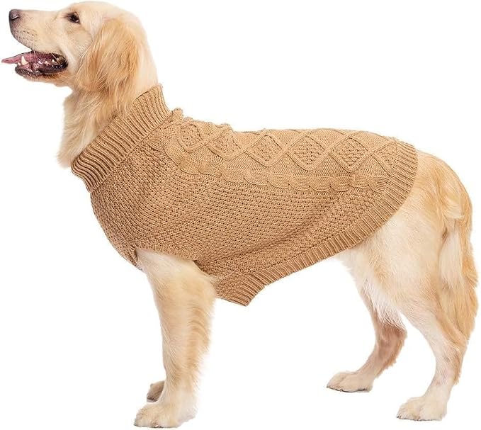 Mihachi Turtleneck Dog Sweater - Winter Coat Apparel Classic Cable Knit Clothes with Leash Hole for Cold Weather, Ideal Gift for Pet in New Year Beige 3XL