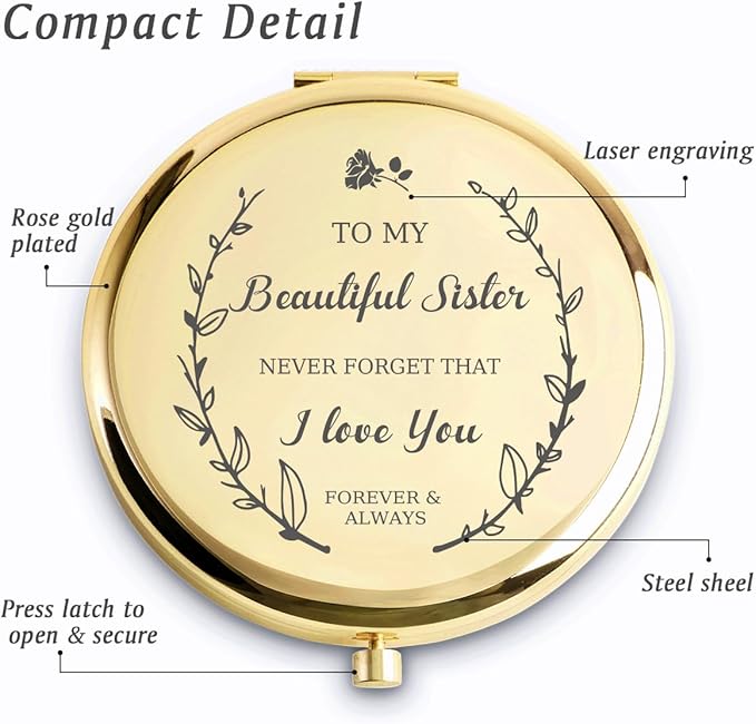 Sister Gifts, Personalized Gift for Sister, Custom Compact Mirror, Goodie Bag & Basket Stuffers for Valentines Day, Mothers Day, Graduation, Birthday, Wedding