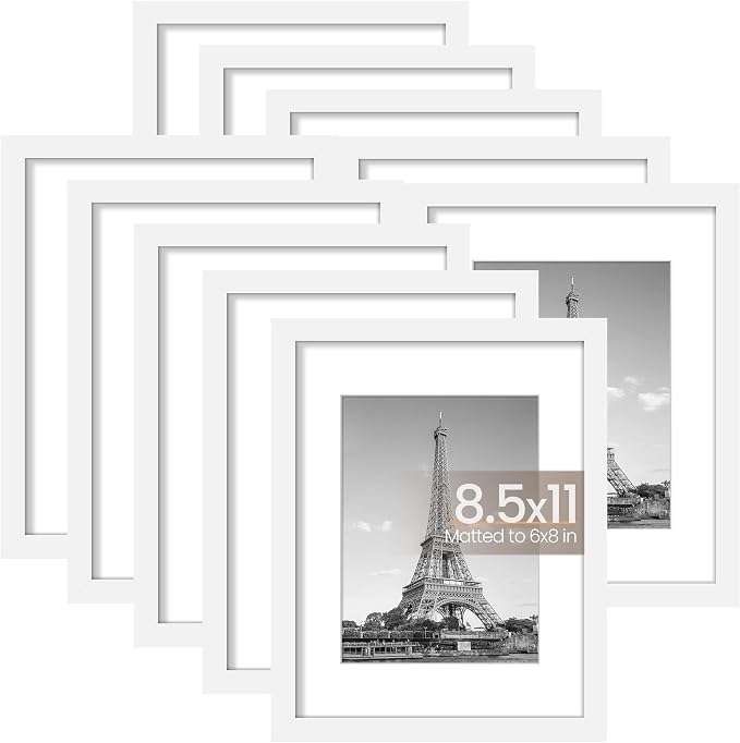 upsimples 8.5x11 Picture Frame Set of 10, Display Pictures 6x8 with Mat or 8.5x11 Without, Multi Photo Frames Collage for Wall or Tabletop Display, White | Fit 6x8 Photos and 8.5x11 Certificate, Wall or Tabletop Display, For Gallery Hallway Living Room...