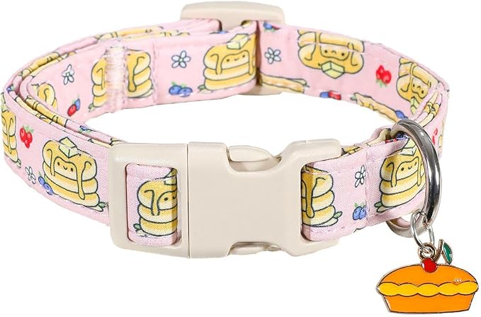 Pink Dog Collar, Girl Dog Collar with Pancake Print, Cute Spring Summer Food Collar with Soft & Breathable Fabric, Adjustable Pet Collar for Small Medium Large Dogs